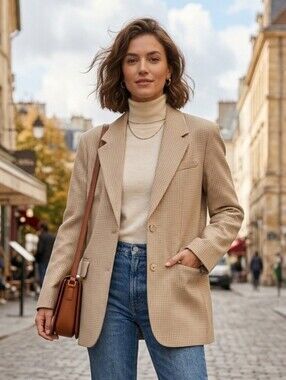 Wilfred  Academia Beige  Wool Blend Houndstooth Blazer Longline Jacket M